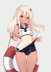 Rule 34 | 10s, 1girl, blue eyes, clothes pull, collarbone, cradle (2849), crop top, flower, gluteal fold, hair flower, hair ornament, highres, kantai collection, lifebuoy, long hair, looking at viewer, navel, one-piece swimsuit, one-piece swimsuit pull, one-piece tan, ro-500 (kancolle), sailor collar, school swimsuit, simple background, smile, solo, standing, swim ring, swimsuit, tan, tanline, thigh gap, white hair