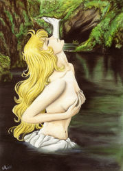 Rule 34 | 1970s (style), 1girl, absurdres, artist name, artist request, bathing, blonde hair, grabbing another&#039;s breast, breasts, closed eyes, grabbing, grabbing own breast, highres, long hair, nature, oldschool, oscar francois de jarjayes, outdoors, retro artstyle, solo, swimming, topfreedom, topless, torso, versailles no bara, water, waterfall, wet