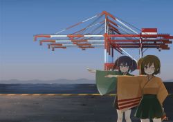 Rule 34 | 10s, 2017, 2girls, annin musou, arm up, bad id, bad twitter id, black hair, breasts, brown eyes, brown hair, comic, commentary request, concrete, crane (machine), dated, dock, fog, green eyes, green kimono, grin, hair ribbon, hakama, hakama skirt, hand on own hip, hazard stripes, hiryuu (kancolle), japanese clothes, kantai collection, kimono, large breasts, long sleeves, mountain, multiple girls, ocean, one eye closed, ribbon, short hair, side ponytail, skirt, sky, smile, souryuu (kancolle), thighhighs, twintails, white legwear, wide sleeves, yellow kimono
