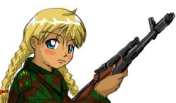 Rule 34 | 1girl, 2ch.ru, blonde hair, braid, female focus, gun, huyase, mascot, ru-chans, simple background, slavya-chan, solo, weapon, white background