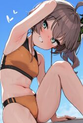 1girl arm_behind_head armpits bare_shoulders blue_eyes blue_sky blush breasts brown_hair day grin heart highres hololive long_hair masasirai natsuiro_matsuri navel outdoors side_ponytail sitting sky small_breasts smile solo track_uniform virtual_youtuber