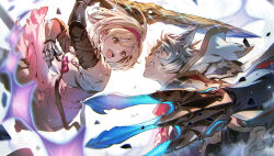 Rule 34 | 1boy, 1girl, angry, animal ears, arm up, belt, bishounen, blonde hair, blue eyes, bow, brown eyes, claw (weapon), clawed gauntlets, clenched teeth, commentary, commentary request, cowboy shot, djeeta (granblue fantasy), dress, energy, erune, fighting, floating clothes, floating hair, from side, gauntlets, gloves, granblue fantasy, granblue fantasy versus, grin, headband, holding, holding sword, holding weapon, hood, hood down, looking at another, magic, messy hair, minaba hideo, official art, pink bow, pink dress, seox (granblue fantasy), short hair, smile, sparkle, sword, teardrop, teeth, upper teeth only, weapon, white background, wolf ears