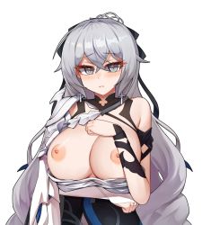 Rule 34 | 1girl, bippew, blush, breasts, breasts out, bronya zaychik, bronya zaychik (silverwing: n-ex), clothes pull, dress, dress pull, grey eyes, grey hair, hair between eyes, highres, honkai (series), honkai impact 3rd, large breasts, long hair, looking at viewer, nipples, parted lips, simple background, single bare shoulder, solo, upper body, white background