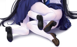 Rule 34 | 2girls, absurdres, allenes, between legs, black hair, blouse, blue neckerchief, brown footwear, highres, leaning to the side, leg lock, loafers, long hair, lower body, miniskirt, multiple girls, neckerchief, original, out of frame, panties, panties under pantyhose, pantyhose, pleated skirt, see-through, shirt, shoe soles, shoes, simple background, skindentation, skirt, underwear, very long hair, white background, white legwear, white panties, white shirt