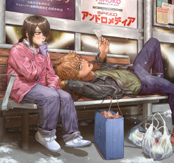 1boy 1girl absurdres ad bag black_hair black_jacket blue_pants braid brown_hair candy chainsaw_man denji_(chainsaw_man) food gloves green_shirt hair_over_one_eye highres jacket lollipop lying nayuta_(chainsaw_man) on_bench one_eye_covered orange_eyes outdoors pants phosmic pink_jacket red_eyes sharp_teeth shirt shopping_bag short_hair sitting snow sweater teeth turtleneck turtleneck_sweater