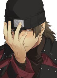 Rule 34 | 1boy, aragaki shinjirou, beanie, black hat, blush, brown eyes, brown hair, closed mouth, coat, hair between eyes, hand on own face, hat, isa (peien516), long sleeves, male focus, persona, persona 3, red coat, simple background, solo, upper body, white background