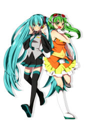 Rule 34 | 2girls, aqua eyes, aqua hair, belt, boots, detached sleeves, goggles, goggles on head, green eyes, green hair, gumi, harusawa, hatsune miku, headphones, headset, knee boots, long hair, multiple girls, necktie, open mouth, skirt, smile, thigh boots, thighhighs, twintails, very long hair, vocaloid, white background, wrist cuffs