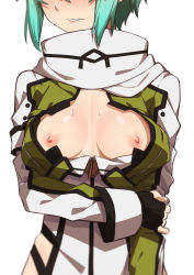 Rule 34 | 1girl, black gloves, blush, breasts, cropped jacket, embarrassed, female focus, fingerless gloves, gloves, green hair, head out of frame, highres, holding own arm, jacket, long sleeves, medium breasts, morisobo, nipples, open clothes, open jacket, scarf, short hair, simple background, sinon, solo, standing, sweat, sword art online, upper body, white background