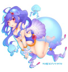 Rule 34 | 1girl, ass, barefoot, blue hair, blush, breasts, cleavage, deto, highres, long hair, looking at viewer, navel, open mouth, red eyes, shironeko project, simple background, solo, white background