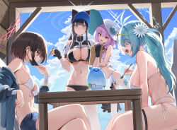 Rule 34 | 4girls, absurdres, alternate costume, aqua hair, arius squad (blue archive), atsuko (blue archive), bikini, black bikini, black gloves, black hair, black mask, blue archive, blue eyes, blue halo, blue sky, breasts, cloud, cloudy sky, crossed legs, day, ear piercing, fingerless gloves, flower, food, gloves, hair flower, hair ornament, halo, hat, highres, hiyori (blue archive), holding, holding spoon, hutosutoro, ice cream, large breasts, long hair, looking at another, mask, mask pull, medium breasts, misaki (blue archive), mouth mask, multiple girls, navel, outdoors, piercing, purple hair, red eyes, red halo, saori (blue archive), sitting, sky, spoon, standing, sun hat, swimsuit, table, visor cap, white bikini, white flower, white halo, white headwear