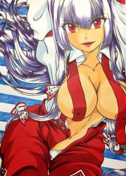 Rule 34 | 1girl, areola slip, arms up, bow, breasts, cleavage, collarbone, collared shirt, covered erect nipples, cowboy shot, eyelashes, fujiwara no mokou, hair between eyes, hair bow, hair over shoulder, highres, large breasts, leaning forward, light smile, lips, long hair, long sleeves, looking at viewer, navel, no bra, open clothes, open fly, open pants, open shirt, panties, pants, parted lips, red eyes, red lips, sekiguchi aru, shirt, silver hair, solo, stomach, striped, striped background, suspenders, touhou, underwear, unzipped, very long hair, white panties, white shirt, wing collar