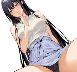 Rule 34 | 1girl, arm at side, bare arms, black hair, black panties, blush, breasts, finger to mouth, hair between eyes, hair ribbon, haitekudasai takamine-san, hand up, high-waist skirt, hiiragi yuuichi, large breasts, long hair, looking at viewer, panties, parted lips, red eyes, ribbon, sidelocks, simple background, skirt, solo, spread legs, takamine takane, thick thighs, thighs, underwear, very long hair, white background, white ribbon