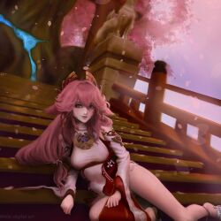 Rule 34 | absurdres, cherry blossoms, genshin impact, highres, japanese clothes, kimono, kimono skirt, legs, pink background, pink hair, thighs, yae miko