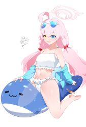 Rule 34 | 1girl, absurdres, ahoge, bare shoulders, bikini, blue archive, blue eyes, blue jacket, breasts, chibi, chibi inset, clothes down, eyewear on head, frilled bikini, frills, hair bobbles, hair ornament, halo, heterochromia, highres, hoshino (blue archive), hoshino (swimsuit) (blue archive), inflatable toy, jacket, long hair, low twintails, navel, open clothes, open jacket, open mouth, pink hair, plentyofempty, simple background, small breasts, smile, solo, sunglasses, sweat, swimsuit, twintails, white background, white bikini, yellow eyes
