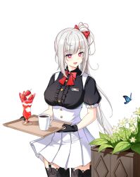 Rule 34 | 1girl, :d, alternate hair color, badge, black gloves, black shirt, black thighhighs, blue butterfly, bow, bowtie, breasts, bright pupils, bug, butterfly, center frills, closers, coffee, collared shirt, cowboy shot, cup, disposable cup, drinking glass, flower, flower bed, food, frills, fruit, garter straps, gloves, hair bow, high-waist skirt, highres, holding, holding tray, ice cream, insect, lace, lace-trimmed thighhighs, large breasts, long hair, looking at animal, miniskirt, mirae (closers), mug, official art, open mouth, pink eyes, pleated skirt, ponytail, puffy short sleeves, puffy sleeves, red bow, red bowtie, shirt, short sleeves, skirt, smile, solo, strawberry, strawberry slice, sundae, suspender skirt, suspenders, thighhighs, tray, turning head, underbust, very long hair, waitress, white background, white hair, white pupils, white skirt, yellow flower, zettai ryouiki