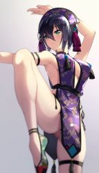 Rule 34 | 1girl, arm strap, arm up, armpits, ass, bare arms, bare shoulders, black hair, blurry, breasts, center opening, china dress, chinese clothes, closed mouth, dress, expressionless, fighting stance, flats, fujiya takao, green eyes, hair between eyes, highres, knee up, kusunoki suzu, looking away, medium breasts, original, outstretched arm, panties, pelvic curtain, purple dress, purple headwear, shoes, side-tie panties, sideless outfit, sleeveless, sleeveless dress, solo, standing, standing on one leg, string panties, tassel, thighs, underwear
