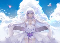 Rule 34 | 1girl, :d, aircraft, airplane, azur lane, blue eyes, blush, bouquet, breasts, cherry blossoms, cleavage, cloud, commentary request, day, dress, flight deck, flower, highres, illustrious (azur lane), illustrious (morning star of love and hope) (azur lane), ji yue, large breasts, looking at viewer, low twintails, medium hair, mole, mole under eye, open mouth, petals, short dress, smile, solo, tiara, twintails, wedding dress, white dress, white hair, white legwear