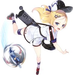 Rule 34 | 1girl, :d, aircraft, airplane, ankle socks, azur lane, bag, bare arms, baseball, baseball glove, baseball uniform, bike shorts, black footwear, blonde hair, blue eyes, blue ribbon, blush, bogue (azur lane), buttons, clothes writing, dress, duffel bag, eyebrows, eyelashes, facing away, fang, flat chest, flight deck, floating hair, forehead, full body, hair ornament, hair ribbon, hat, kaede (yumesaki kaede), long hair, looking at viewer, motion blur, multicolored clothes, multicolored dress, multicolored hat, multicolored legwear, official art, one side up, open mouth, perspective, puffy short sleeves, puffy sleeves, ribbon, shoes, short dress, short sleeves, smile, socks, solo, sportswear, standing, standing on one leg, star (symbol), star hair ornament, star print, straight hair, strap, striped clothes, striped socks, thigh strap, throwing, tongue, transparent background, tsurime, vertical-striped clothes, vertical-striped socks