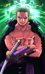 Rule 34 | 1boy, artist request, aura, bare pectorals, coat, coat on shoulders, cowboy shot, crossed arms, green hair, highres, looking at viewer, male focus, nipples, official art, one piece, pectorals, roronoa zoro, scar, scar across eye, short hair, solo, straight-on