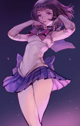 Rule 34 | 1girl, arched back, armpits, ass, bishoujo senshi sailor moon, bow, brooch, circlet, cowboy shot, elbow gloves, gloves, gradient background, highres, jewelry, miniskirt, parted lips, pleated skirt, purple eyes, purple hair, racoona, sailor saturn, short hair, skirt, solo, star brooch, tomoe hotaru