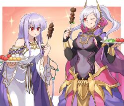 Rule 34 | 2girls, absurdres, betabetamaru, breasts, cheese, chocolate, cleavage, dress, fake horns, fire emblem, fire emblem: genealogy of the holy war, fire emblem heroes, food, fruit, grey hair, grima (fire emblem), highres, holding, holding skewer, horned headwear, horns, julia (fire emblem), large breasts, licking lips, long hair, marshmallow, medium breasts, multiple girls, nintendo, official alternate costume, plate, purple hair, red eyes, robin (female) (fell tactician) (fire emblem), robin (female) (fire emblem), robin (fire emblem), see-through, see-through cleavage, skewer, smile, strawberry, tongue, tongue out, twintails