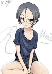 Rule 34 | 10s, 1girl, :p, artist name, breasts, bukkuri, casual, character name, cleavage, closed mouth, commentary, cursive, dated, girls und panzer, glasses, grey eyes, grey hair, grey shirt, grey shorts, indian style, looking at viewer, medium breasts, rimless eyewear, rumi (girls und panzer), shirt, short hair, short shorts, shorts, signature, simple background, sitting, smile, solo, swept bangs, t-shirt, tongue, tongue out, v arms, white background