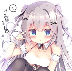 Rule 34 | !, 1girl, azumi kazuki, bare shoulders, black pantyhose, blue eyes, blush, breasts, collarbone, commentary request, grey hair, hair between eyes, hair ornament, hair ribbon, hand up, highres, knees up, looking at viewer, medium breasts, original, pantyhose, parted lips, purple ribbon, ribbon, sidelocks, simple background, solo, spoken exclamation mark, star (symbol), translation request, two side up, white background, wrist cuffs, x hair ornament
