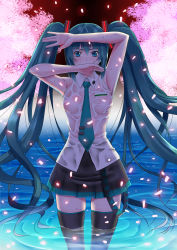 Rule 34 | 00s, 1girl, absurdres, aqua eyes, aqua hair, aqua necktie, arm up, armpits, bare arms, black skirt, black thighhighs, breasts, collared shirt, commentary request, covering own mouth, cowboy shot, hair ornament, hand up, hatsune miku, highres, long hair, looking at viewer, medium breasts, necktie, outdoors, petals, pleated skirt, revision, see-through, shirt, skirt, sleeveless, sleeveless shirt, solo, standing, switch01, thighhighs, tree, twintails, very long hair, vocaloid, wading, water, water surface, wet, wet clothes, wet shirt, white shirt, wing collar