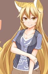 Rule 34 | 1girl, alternate costume, alternate hair length, alternate hairstyle, animal ears, blonde hair, breasts, brown background, casual, cleavage, collarbone, fox ears, fox tail, grin, highres, long hair, looking at viewer, multiple tails, no headwear, shirt, shorts, simple background, smile, solo, tail, tamahana, touhou, very long hair, yakumo ran, yellow eyes