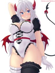 Rule 34 | 1girl, ahoge, arm behind head, arm up, asymmetrical legwear, black thighhighs, blue eyes, bow, breasts, cameltoe, commentary, covered erect nipples, crotch, demon horns, demon tail, demon wings, english commentary, gloves, grin, hair between eyes, highres, horns, large breasts, leotard, long hair, maid headdress, mismatched legwear, naughty face, nottytiffy, patreon username, smile, solo, tail, tail bow, tail ornament, teeth, thighhighs, thighs, vei (vtuber), vei (vtuber) (4th costume), virtual youtuber, vshojo, watermark, web address, white gloves, white hair, white leotard, white thighhighs, wings
