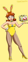 Rule 34 | 1girl, animal ears, block (object), blue eyes, bow, bowtie, breasts, brown hair, cleavage, crown, earrings, fake animal ears, female focus, flower earrings, gem, grin, hand on own hip, high heels, jewelry, legs, leotard, looking at viewer, mario (series), mario party, nintendo, pantyhose, playboy bunny, princess daisy, rabbit ears, rabbit girl, rabbit tail, smile, solo, super mario land, super mushroom, tail, thighs, tomboy, wrist cuffs, yellow leotard