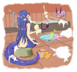 Rule 34 | 2girls, ass, bath stool, bathtub, blue eyes, blush, bucket, butt crack, eyebrows, highres, horns, indoors, lamia, looking at viewer, looking back, multiple girls, nude, partially submerged, pointy ears, purple hair, rubber duck, sitting, sponge, toes, water, yellow eyes