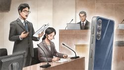 Rule 34 | 1girl, 2boys, black eyes, black hair, cellphone, commentary request, courtroom, enomoto yoshitaka, formal, glasses, grey hair, grey necktie, highres, holding, holding paper, iphone, microphone, mineo (company), monitor, multiple boys, necktie, open mouth, oversized object, paper, pen, phone, ponytail, sitting, smartphone, standing, suit, writing