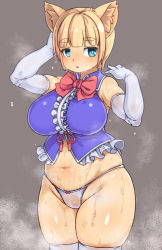 Rule 34 | 1girl, animal ears, blonde hair, blue eyes, breasts, gloves, kawacchi hirohiro, large breasts, looking at viewer, navel, panties, plump, ribbon, see-through, solo, thick eyebrows, thick thighs, thighhighs, thighs, underwear, wet