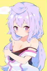 Rule 34 | 1boy, bare shoulders, black tank top, blue hair, blush, hacka doll, hacka doll 3, highres, long hair, low twintails, male focus, nipples, off shoulder, purple eyes, shirt, simple background, solo, spoken blush, tank top, trap, twintails, undressing, white shirt, yellow background, zeru (wisel army)