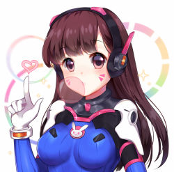 Rule 34 | 1girl, animal print, armor, bodysuit, breasts, brown eyes, brown hair, blowing bubbles, chewing gum, d.va (overwatch), facepaint, facial mark, gloves, gun, handgun, headphones, heart, high collar, long hair, looking at viewer, medium breasts, overwatch, overwatch 1, pauldrons, pilot suit, pointing, pointing up, rabbit, rabbit print, shoulder armor, shoulder pads, skin tight, solo, sparkle, spoken heart, turtleneck, upper body, weapon, whisker markings, white gloves