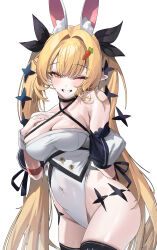 Rule 34 | 1girl, absurdres, animal ears, black choker, black ribbon, black thighhighs, blonde hair, breasts, choker, cleavage, commentary, covered navel, criss-cross halter, detached sleeves, fake animal ears, grin, hair intakes, hair ribbon, halterneck, hand on own chest, hand on own hip, highleg, highleg leotard, highres, leotard, long hair, looking at viewer, medium breasts, one eye closed, original, pointy ears, puffy sleeves, rabbit ears, ribbon, rie (kerinyan), rima (0136), skindentation, smile, solo, symbol-only commentary, thighhighs, twintails, upper body, white leotard, wrist cuffs, yellow eyes