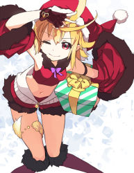 Rule 34 | 1girl, ahoge, blonde hair, bow, detached sleeves, fingerless gloves, gift, gloves, hand over face, hat, kai-ri-sei million arthur, knees together feet apart, looking at viewer, midriff, million arthur (series), navel, one eye closed, purple bow, red eyes, santa hat, short hair, smile, solo, star (symbol), starry background, touzoku arthur, usalxlusa, v, wide sleeves