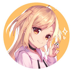 Rule 34 | 1girl, black choker, blonde hair, blush, brown background, brown eyes, choker, closed mouth, commentary request, copyright request, drawstring, drop shadow, hand up, highres, holding, holding mahjong tile, hood, hood down, hoodie, long hair, long sleeves, looking at viewer, mahjong, mahjong tile, masaki (msk064), parted bangs, smile, solo, sparkle, two-tone background, two side up, upper body, virtual youtuber, white background, white hoodie