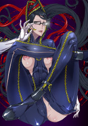 Rule 34 | 1girl, ass, bayonetta, bayonetta, bayonetta (series), black hair, breastless clothes, breasts, brown eyes, covered erect nipples, glasses, highres, large breasts, lips, long hair, mole, pussy, uncensored, witch, zunta