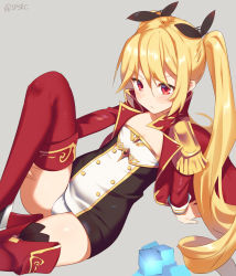 Rule 34 | 1girl, aged down, arm support, azur lane, black ribbon, blonde hair, blush, boots, breasts, cleavage, dress, epaulettes, grey background, hair between eyes, hair ornament, hair ribbon, highres, jacket, long hair, long sleeves, looking at viewer, microdress, nelson (azur lane), panties, red eyes, red footwear, red jacket, ribbon, sidelocks, simple background, sitting, small breasts, solo, supershiruco, thigh boots, thighhighs, thighs, tsundere, twintails, underwear, very long hair, white panties