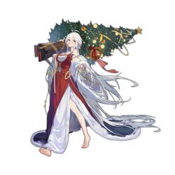 Rule 34 | 1girl, absurdly long hair, antenna hair, bare legs, barefoot, breasts, candy, candy cane, carrying over shoulder, christmas, christmas lights, christmas ornaments, christmas star, christmas tree, dress, feet, food, food in mouth, full body, girls&#039; frontline, gun, hair between eyes, hidden weapon, highres, holding christmas tree, large breasts, long dress, long hair, looking at viewer, machine gun, maxim gun, official alternate costume, official art, maxim gun, pm1910 (girls&#039; frontline), pm1910 (party in the queen&#039;s tower) (girls&#039; frontline), red dress, red eyes, smile, soles, solo, toes, transparent background, very long hair, walking, weapon, white hair, wreath, xiao qiang sang