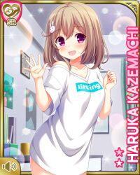 Rule 34 | 1girl, barefoot, bedroom, bottomless, brown hair, card (medium), character name, collarbone, day, girlfriend (kari), hair ornament, hairclip, indoors, kazemachi haruka, looking at viewer, official art, open mouth, pink eyes, qp:flapper, rabbit hair ornament, shirt, short hair, smile, solo, standing, tagme, white shirt