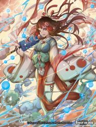 Rule 34 | 1girl, bow, brown eyes, brown hair, bubble, company name, electricity, force of will, hair ornament, japanese clothes, long hair, nanahara shie, official art, oil-paper umbrella, shaela (force of will), solo, teeth, thighhighs, umbrella