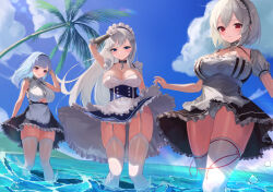 Rule 34 | 3girls, absurdres, anchor choker, apron, azur lane, belfast (azur lane), black dress, blue dress, blue eyes, braid, breasts, broken, broken chain, center frills, chain, cleavage, clothes lift, clothing cutout, day, dido (azur lane), dress, dress lift, framed breasts, french braid, frilled apron, frilled gloves, frills, garter straps, gloves, hairband, highres, hiyoku, lace-trimmed hairband, lace trim, large breasts, long hair, maid, maid headdress, multiple girls, outdoors, palm tree, panties, pantyshot, puffy short sleeves, puffy sleeves, purple eyes, red eyes, short hair, short sleeves, sirius (azur lane), sleeveless, standing, thighhighs, tree, underboob, underboob cutout, underwear, very long hair, wading, waist apron, white apron, white garter straps, white hair, white panties, white thighhighs, wind, wind lift