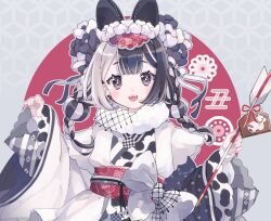 Rule 34 | black hair, braid, hands up, highres, holding, japanese clothes, jikuno, kimono, long sleeves, muted color, open mouth, original, purple eyes, teeth, upper body, upper teeth only, white hair, white kimono, wide sleeves