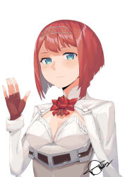 Rule 34 | 10s, 1girl, ark royal (kancolle), blue eyes, blunt bangs, bob cut, breasts, brown gloves, cleavage cutout, clothing cutout, fingerless gloves, genocide06, gloves, hairband, highres, kantai collection, long sleeves, looking at viewer, red hair, red ribbon, ribbon, short hair, signature, simple background, small breasts, solo, tiara, upper body, waving, white background