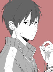 Rule 34 | 1boy, absurdres, cellphone, closed mouth, collared jacket, commentary, earphones, fingernails, from side, frown, greyscale with colored background, highres, holding, holding earphones, holding phone, jacket, kagerou project, kisaragi shintarou, long sleeves, looking at viewer, looking to the side, male focus, phone, popped collar, portrait, red background, saitou shiori (pixiv14549321), short hair, simple background, single earphone removed, single stripe, smartphone, solo, striped clothes, striped jacket, sweat, track jacket