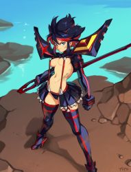 Rule 34 | 1girl, bad id, bad twitter id, black hair, black thighhighs, blue eyes, boots, breasts, clenched hand, dirty, dirty clothes, dirty face, frown, full body, hairpods, high heel boots, high heels, kill la kill, looking at viewer, matoi ryuuko, medium breasts, microskirt, multicolored hair, navel, optionaltypo, pleated skirt, red hair, revealing clothes, reverse grip, scissor blade (kill la kill), senketsu, short hair, skirt, solo, standing, suspender skirt, suspenders, thigh boots, thighhighs, two-tone hair, underboob, water