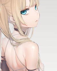 Rule 34 | 1girl, arm strap, back, bare shoulders, black choker, blonde hair, blue eyes, choker, covered erect nipples, highres, long hair, looking at viewer, original, simple background, solo, tawapo, twintails, twintails day, upper body, white background